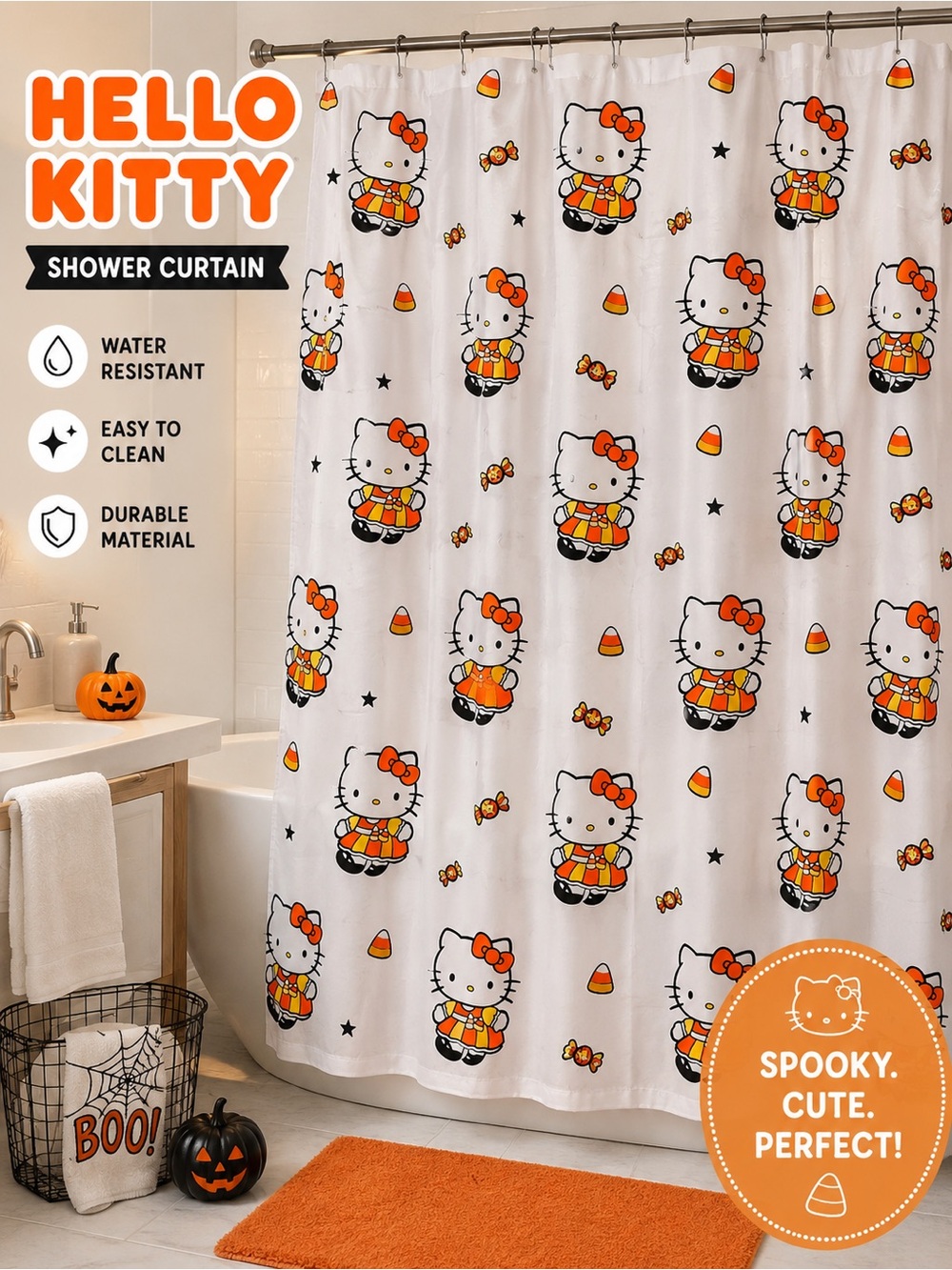 Hello Kitty Orange & White Halloween Curtain Panel